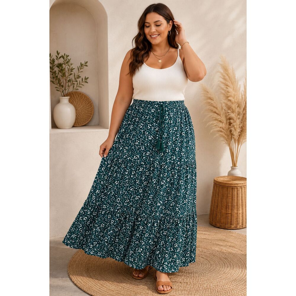 NWT BloomChic Green Floral Tiered Maxi Skirt Size 14-16 Elastic Waist Boho